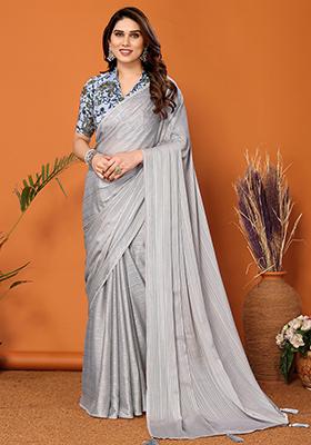 Grey Digital Print Polyester Saree Set