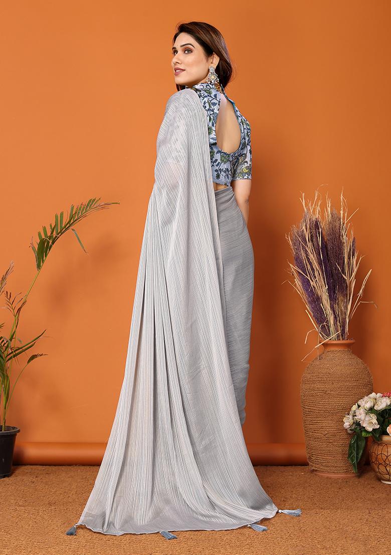 Grey Digital Print Polyester Saree Set