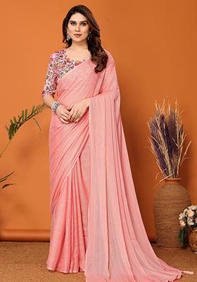 Peach Digital Print Polyester Saree Set