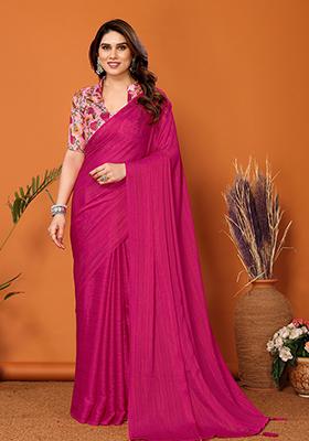 Pink Digital Print Polyester Saree Set