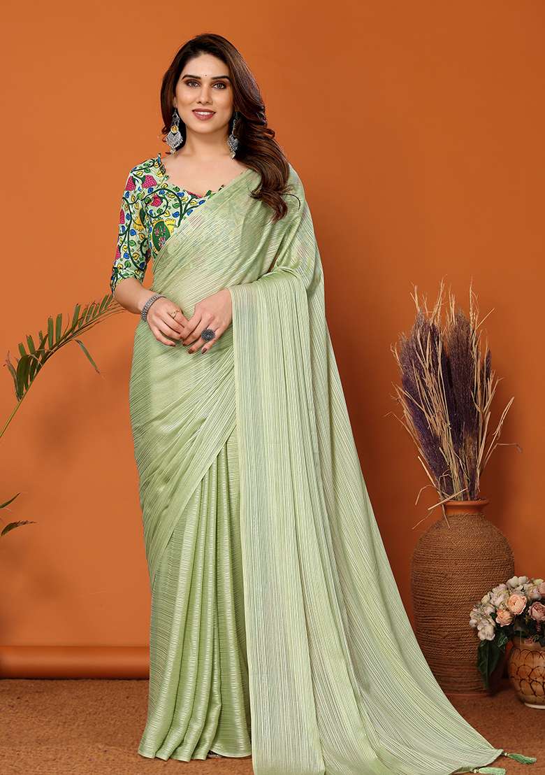 Pista Green Digital Print Polyester Saree Set - Indya