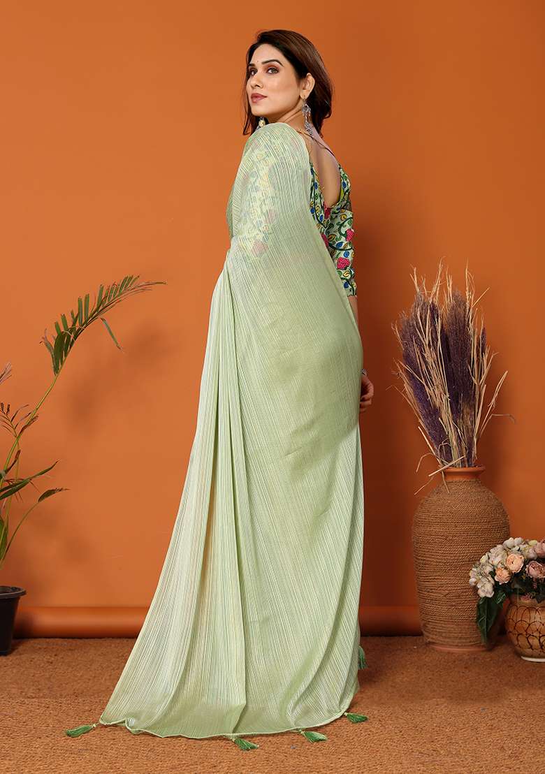 Pista Green Digital Print Polyester Saree Set - Indya