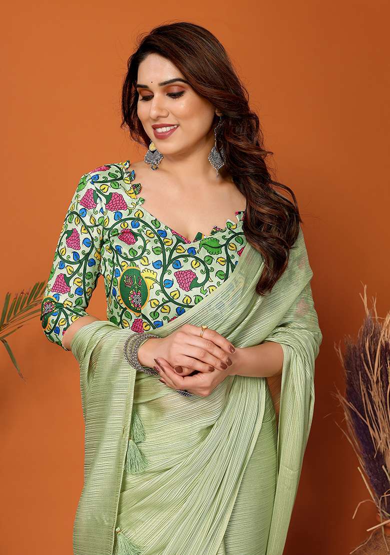 Pista Green Digital Print Polyester Saree Set - Indya