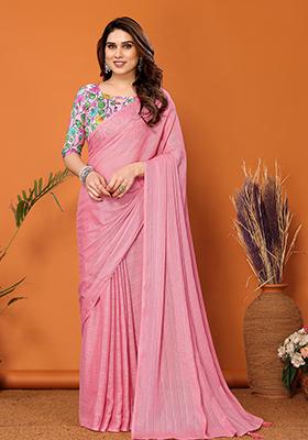 Rose Pink Digital Print Polyester Saree Set