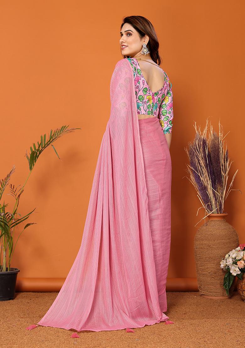 Rose Pink Digital Print Polyester Saree Set