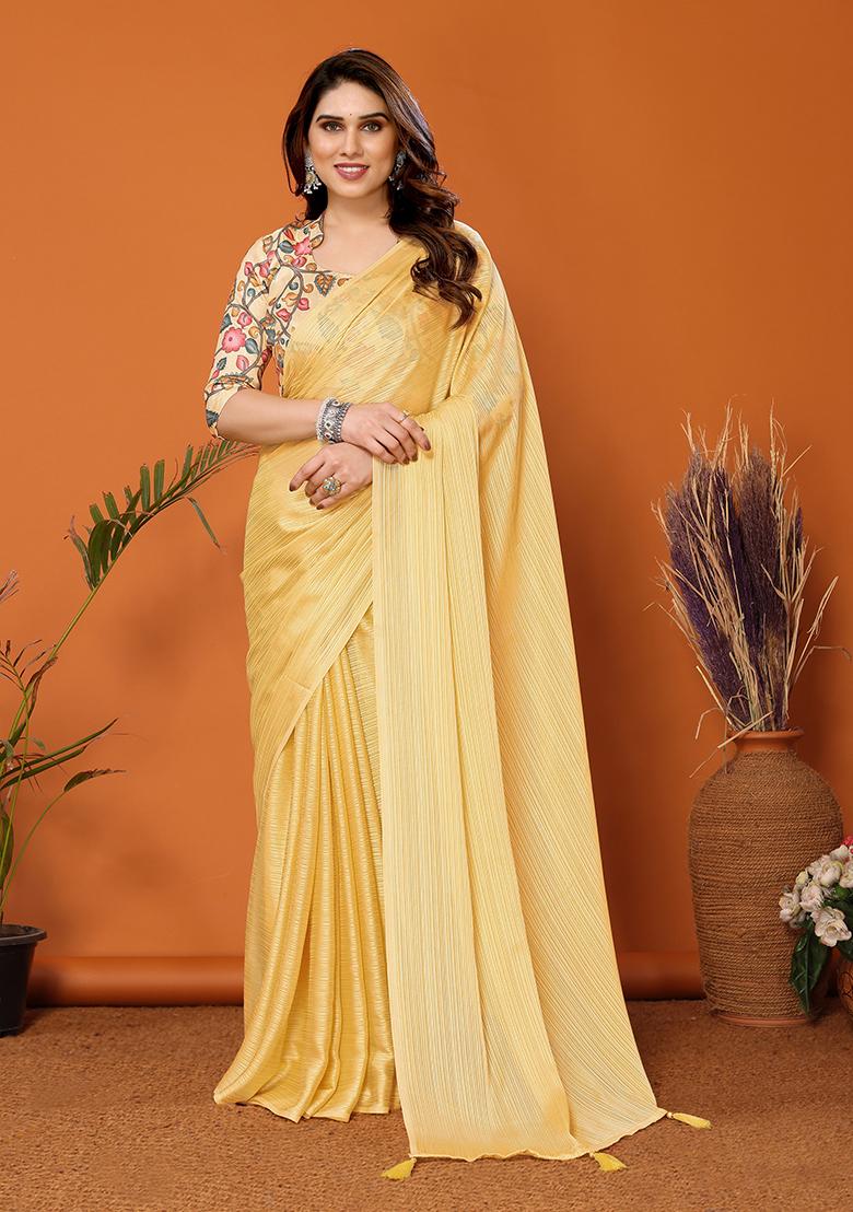 Yellow Digital Print Polyester Saree Set