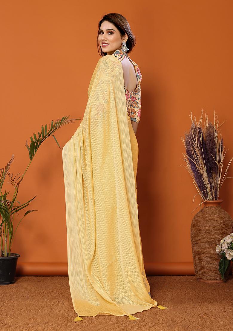 Yellow Digital Print Polyester Saree Set