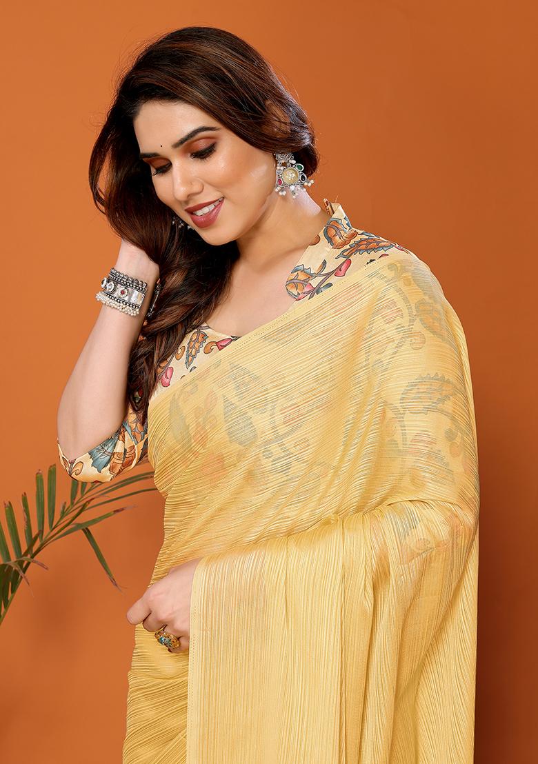 Yellow Digital Print Polyester Saree Set