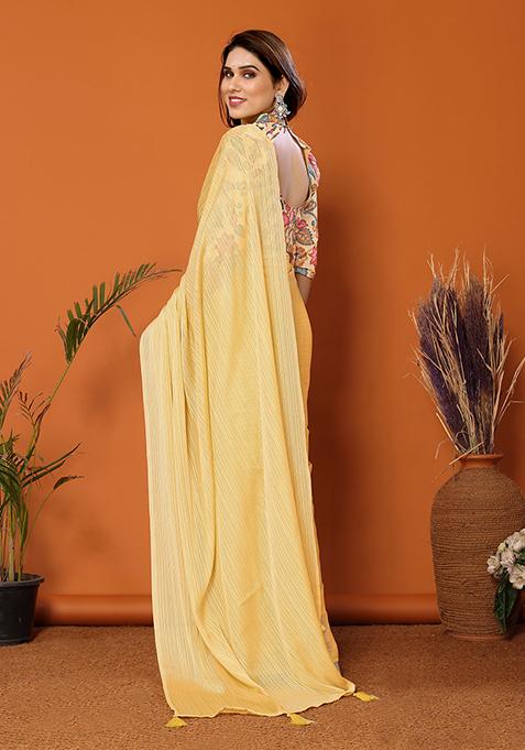 Yellow Digital Print Polyester Saree Set