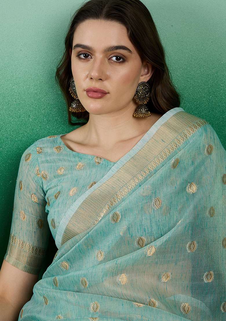 Sky Blue Zari Woven Khadi Organza Saree Set - Indya