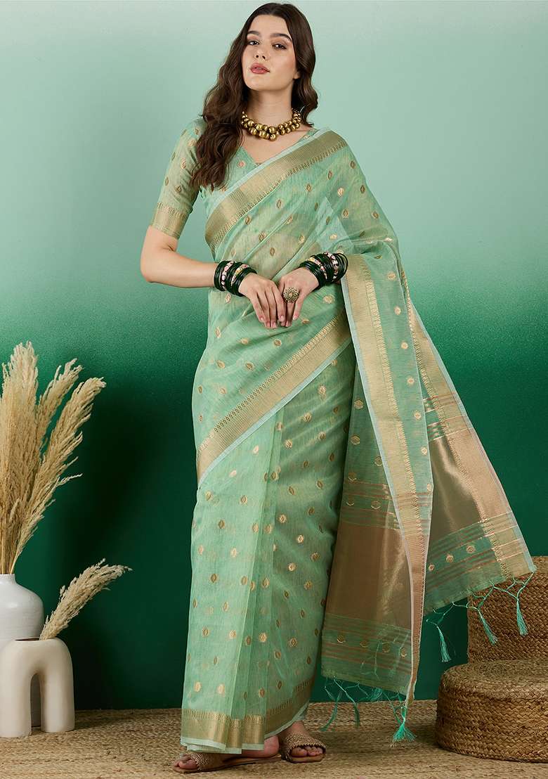 Green Zari Woven Khadi Organza Saree Set - Indya