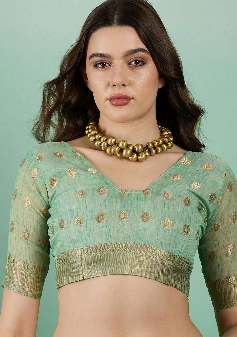 Green Zari Woven Khadi Organza Saree Set - Indya