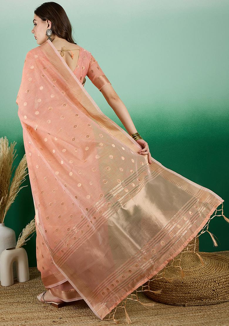 Orange Zari Woven Khadi Organza Saree Set