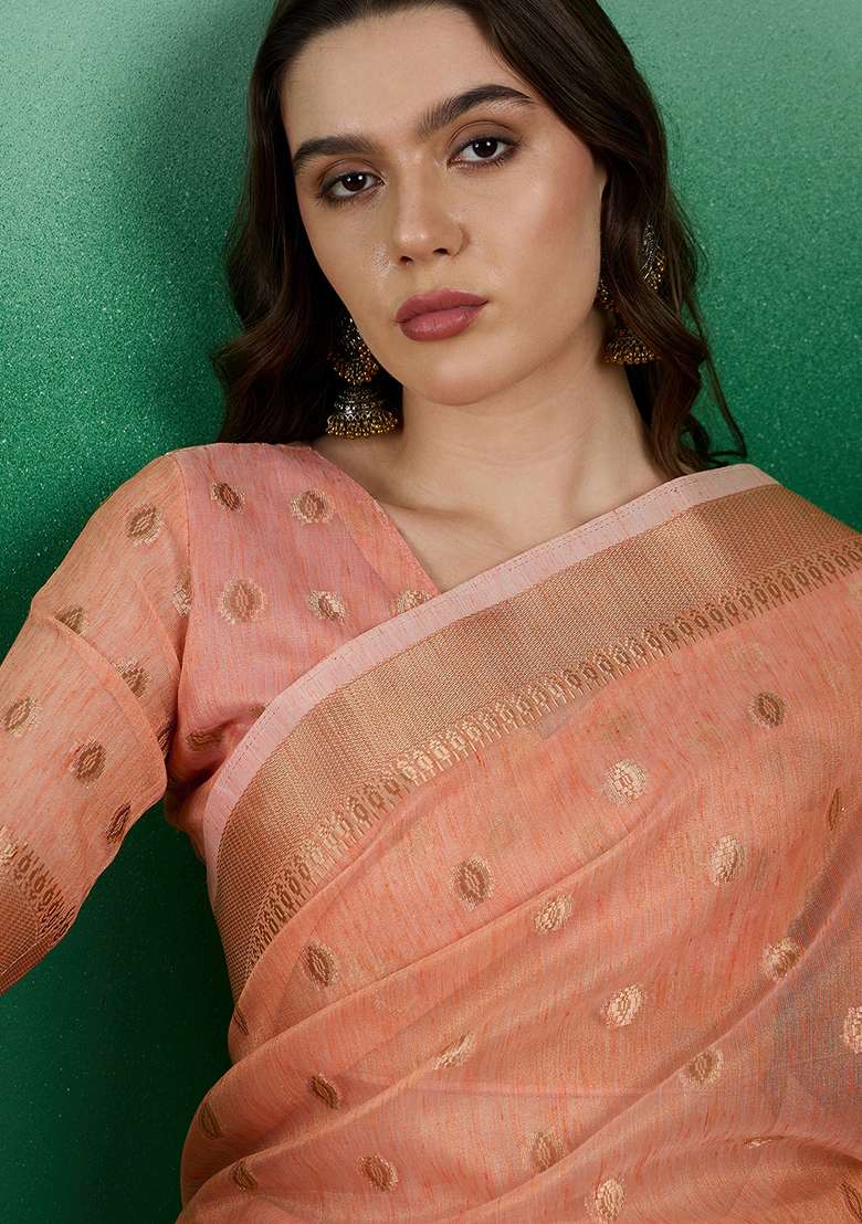 Orange Zari Woven Khadi Organza Saree Set - Indya