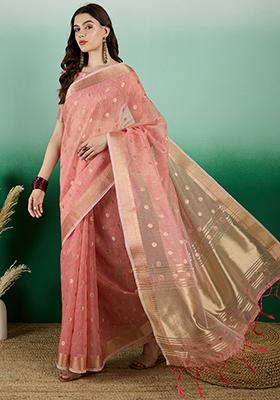 Peach Zari Woven Khadi Organza Saree Set
