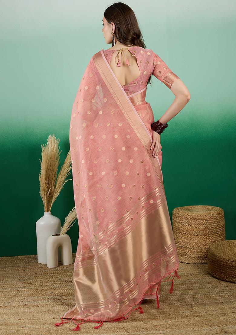 Peach Zari Woven Khadi Organza Saree Set