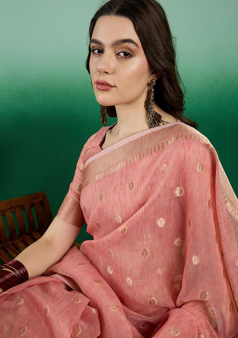 Peach Zari Woven Khadi Organza Saree Set