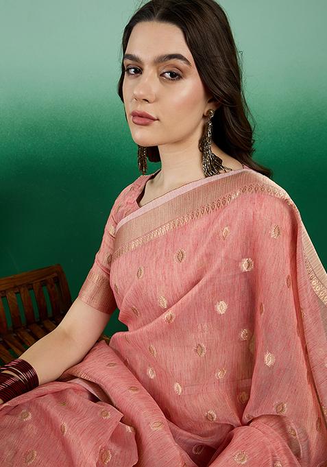 Peach Zari Woven Khadi Organza Saree Set