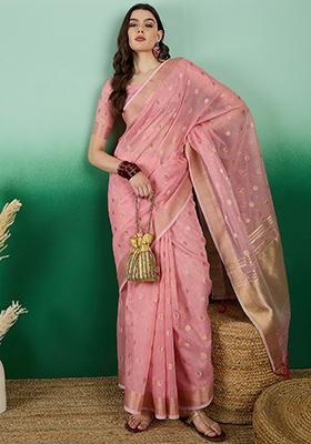 Pink Zari Woven Khadi Organza Saree Set