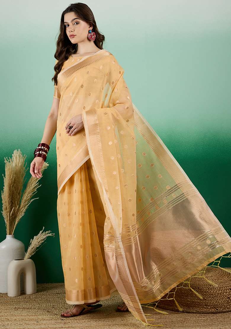 Yellow Zari Woven Khadi Organza Saree Set - Indya