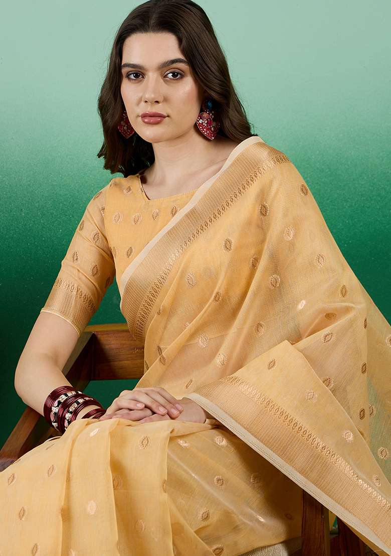 Yellow Zari Woven Khadi Organza Saree Set - Indya