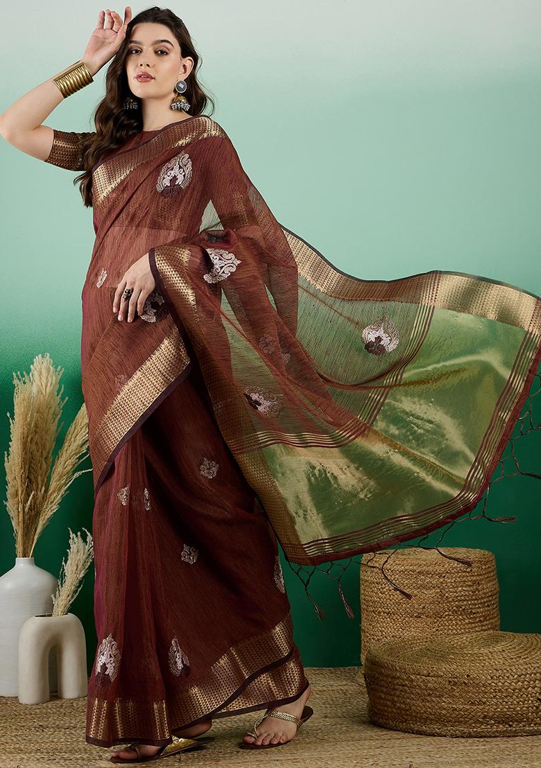 Brown Zari Woven Khadi Organza Saree Set