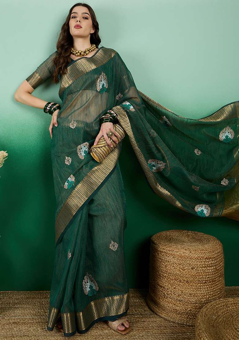 Green Zari Woven Khadi Organza Saree Set - Indya