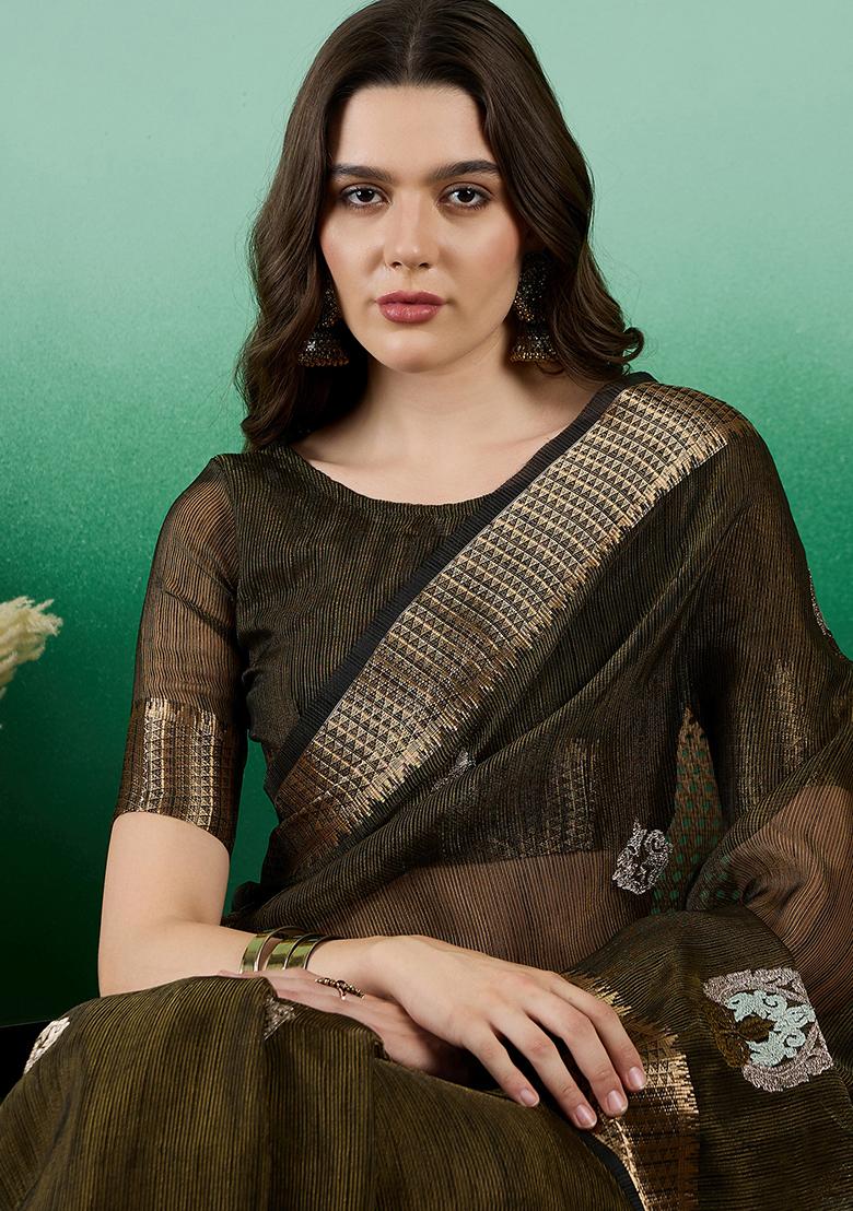 Mehendi Green Zari Woven Khadi Organza Saree Set