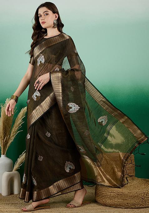 Mehendi Green Zari Woven Khadi Organza Saree Set