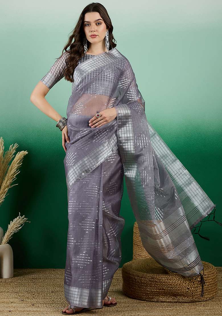 Grey Zari Woven Khadi Organza Saree Set - Indya