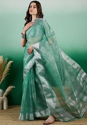Sea Green Zari Woven Khadi Organza Saree Set