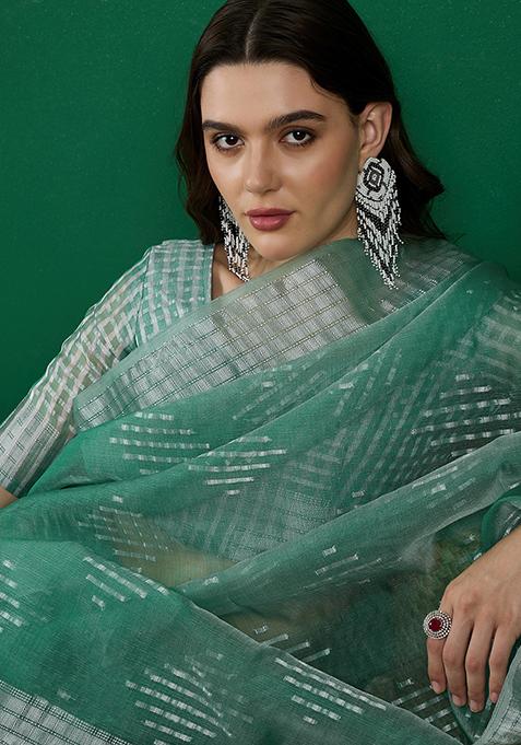 Sea Green Zari Woven Khadi Organza Saree Set