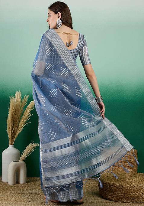 Teal Zari Woven Khadi Organza Saree Set