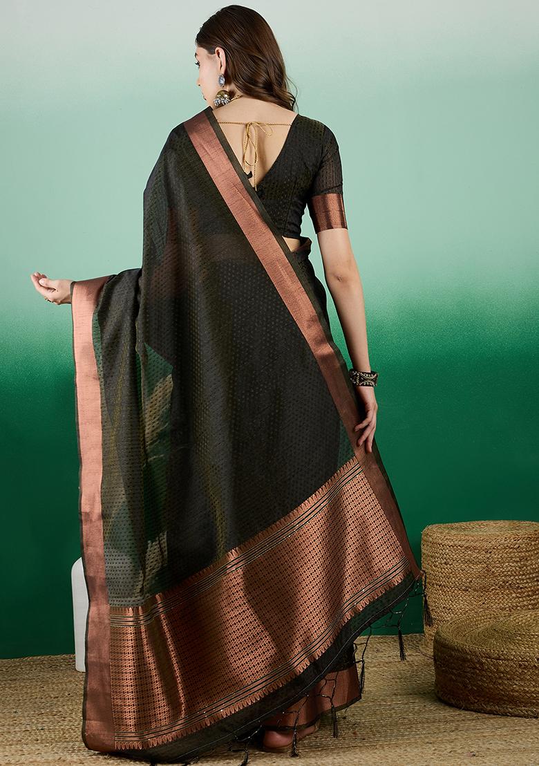 Black Zari Woven Khadi Organza Saree Set