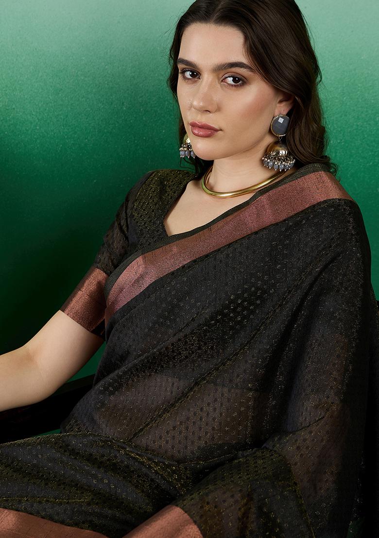 Black Zari Woven Khadi Organza Saree Set