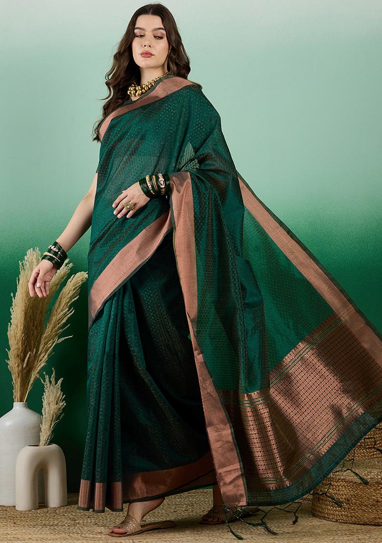 Green Zari Woven Khadi Organza Saree Set