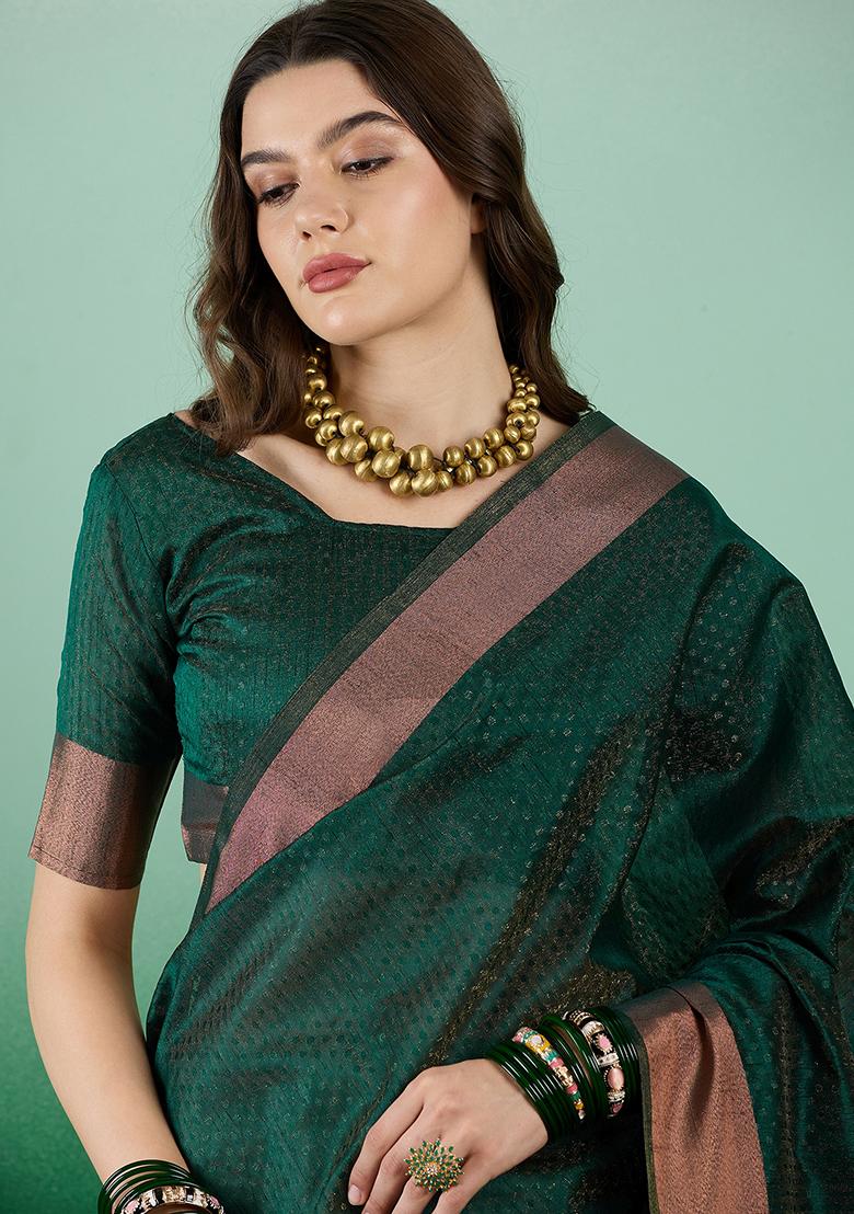 Green Zari Woven Khadi Organza Saree Set