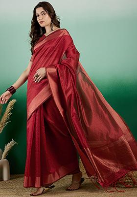 Red Zari Woven Khadi Organza Saree Set