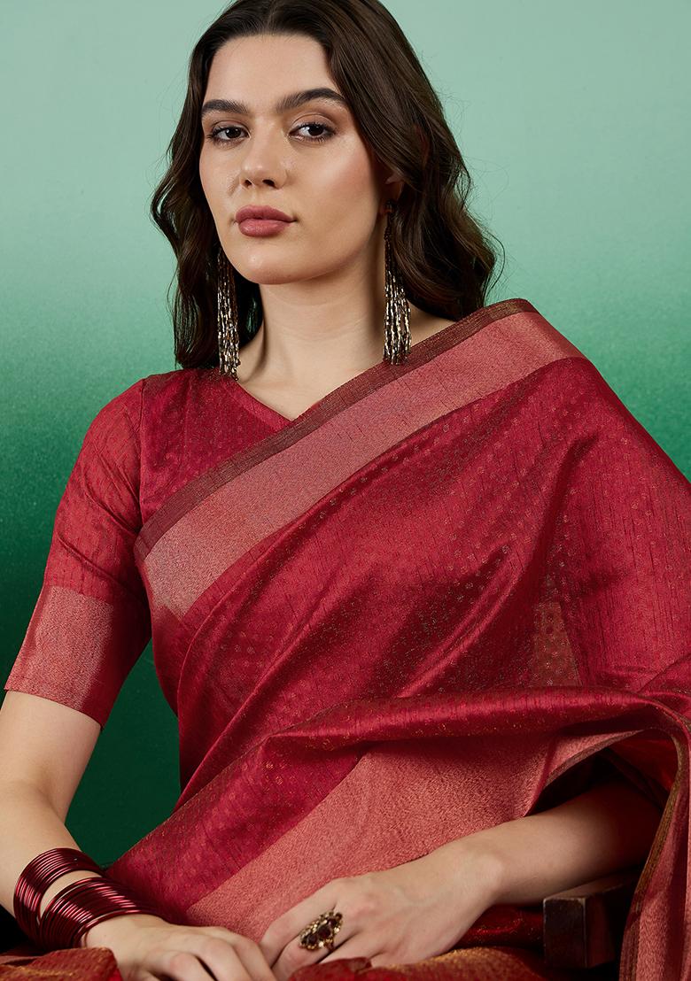 Red Zari Woven Khadi Organza Saree Set