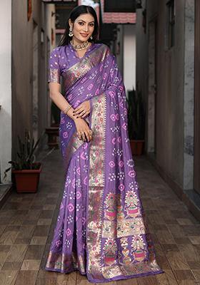 Lavender Zari Woven Dola Silk Saree Set