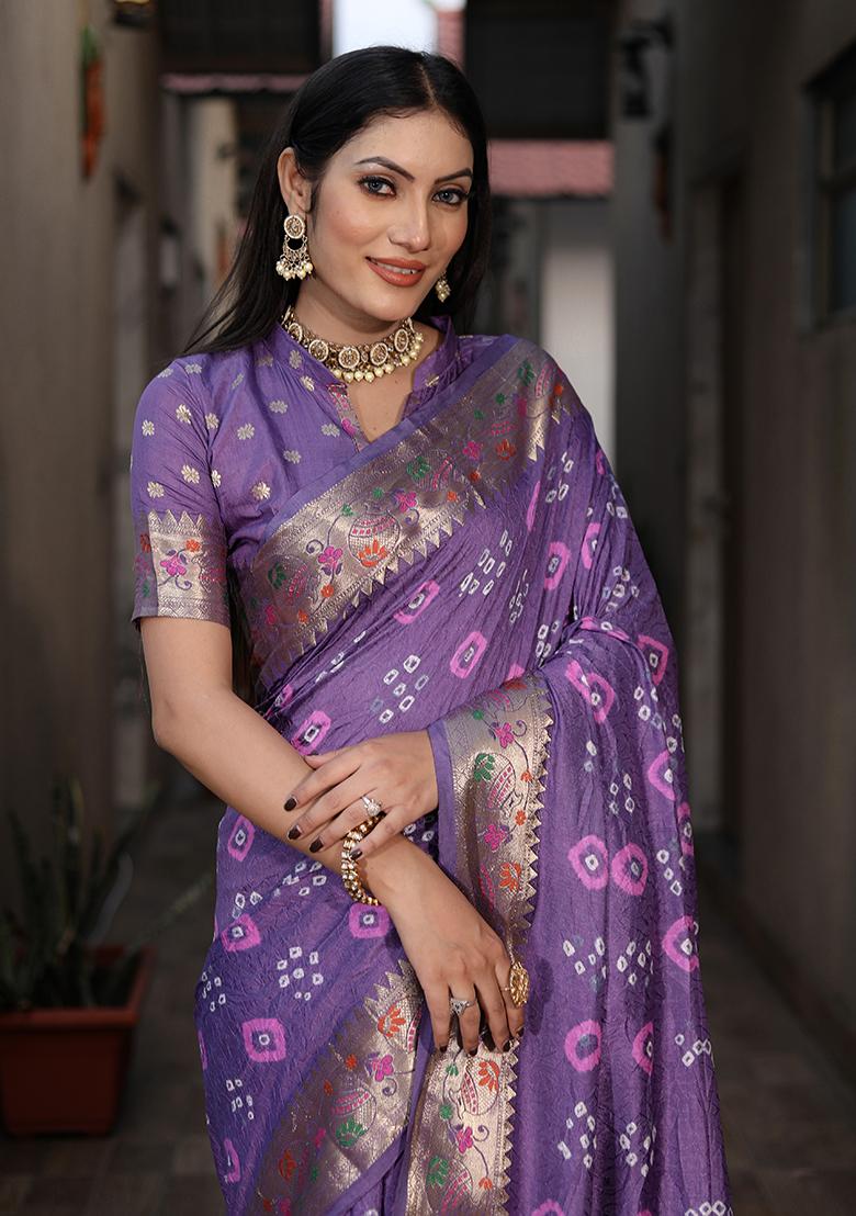 Lavender Zari Woven Dola Silk Saree Set