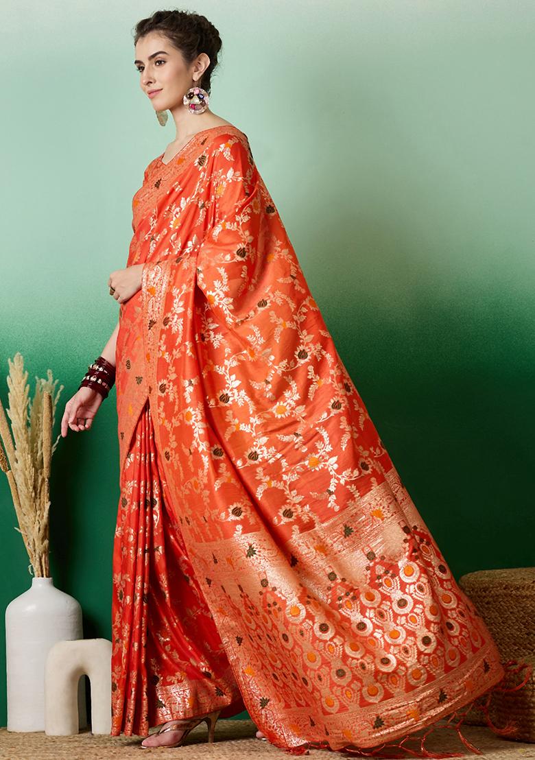 Orange Zari Woven Staple Cotton Saree Set