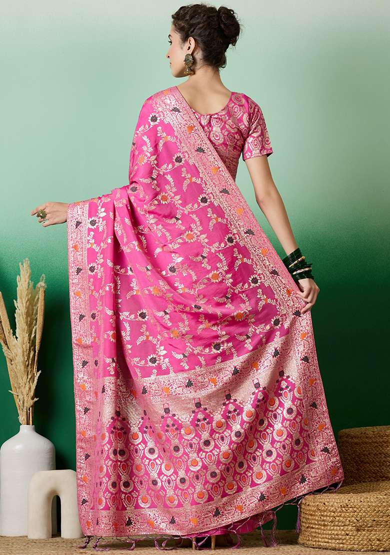 Pink Zari Woven Staple Cotton Saree Set - Indya