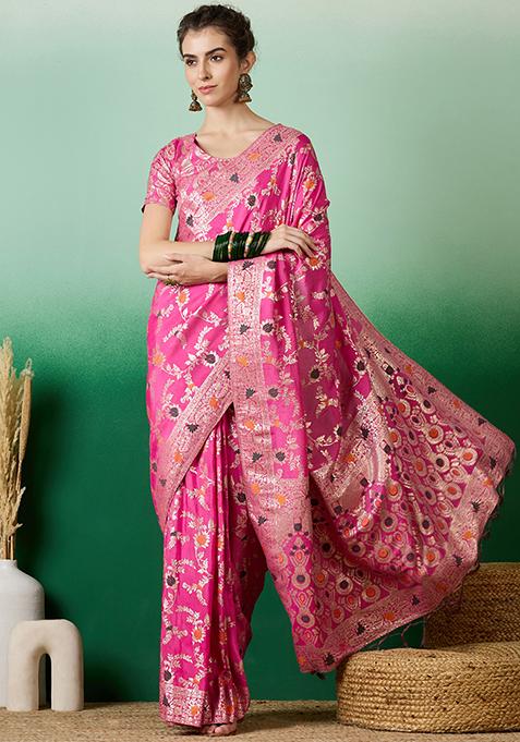 Pink Zari Woven Staple Cotton Saree Set