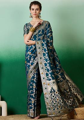 Teal Zari Woven Staple Cotton Saree Set