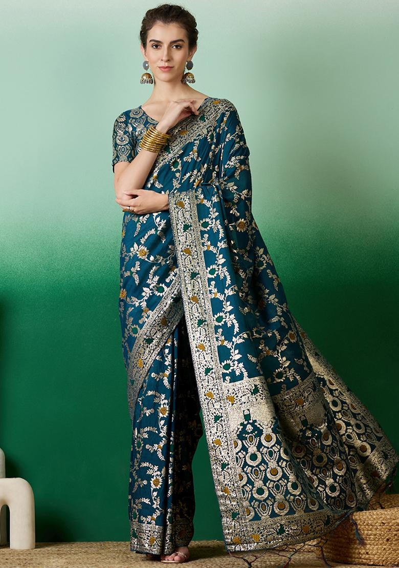 Teal Zari Woven Staple Cotton Saree Set