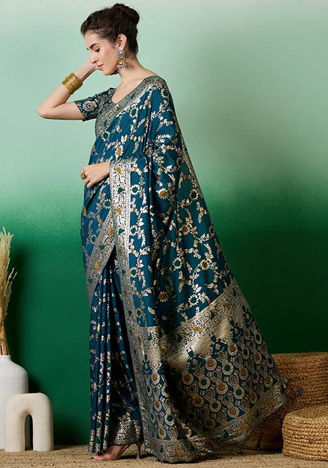 Teal Zari Woven Staple Cotton Saree Set