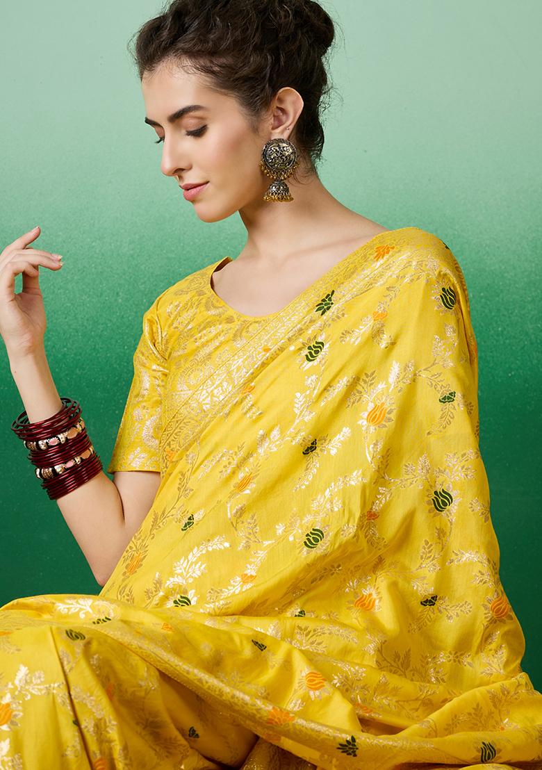 Yellow Zari Woven Staple Cotton Saree Set
