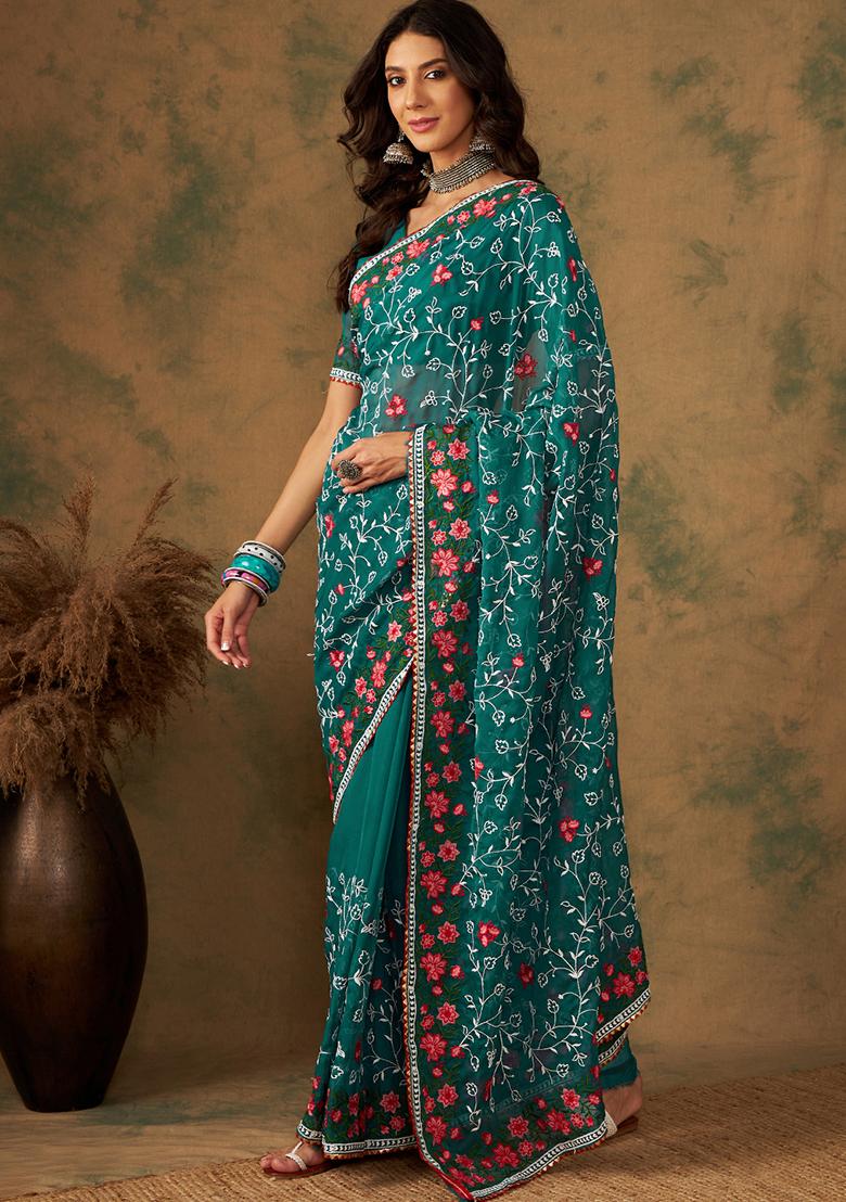 Green Embroidered Organza Saree Set