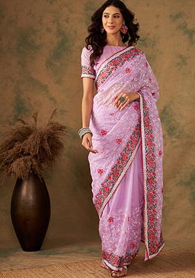 Lavender Embroidered Organza Saree Set